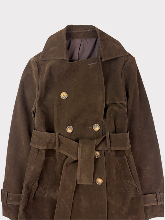 Brown Faux Suede Trench Coat, Size S