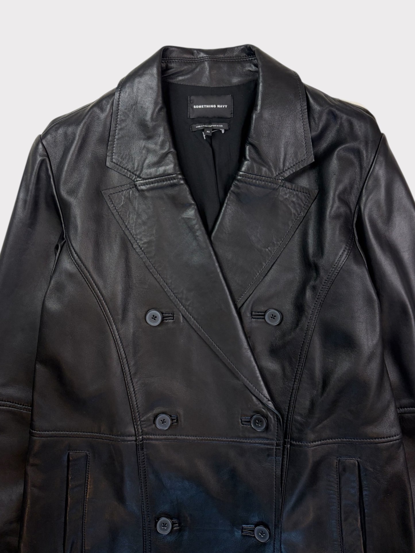 Something Navy Black Leather Coat. Fits a size 10 or 12 fine too