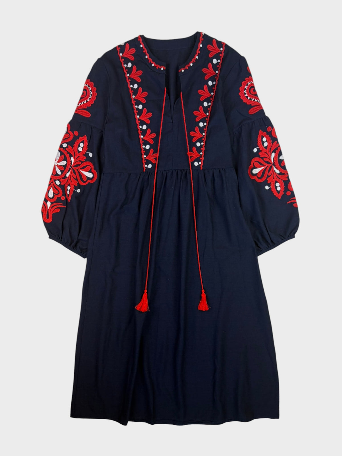 Navy Linen Embroidered Dress, Fits a Size 8/10