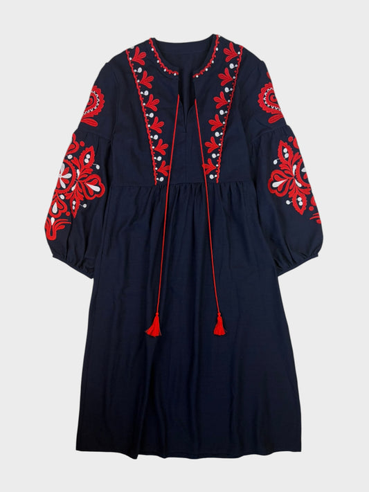 Navy Linen Embroidered Dress, Fits a Size 8/10