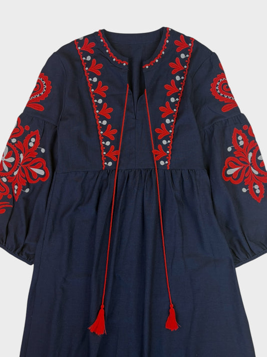 Navy Linen Embroidered Dress, Fits a Size 8/10