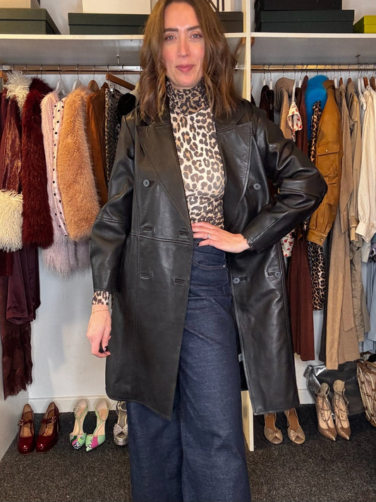 Something Navy Black Leather Coat, Size XS. Fits a size 10 or 12 fine too